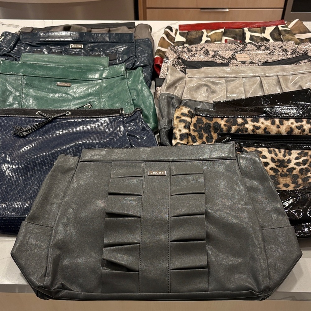 8 Miche Clutches in Gray, Green, and Blue with Animal Prints